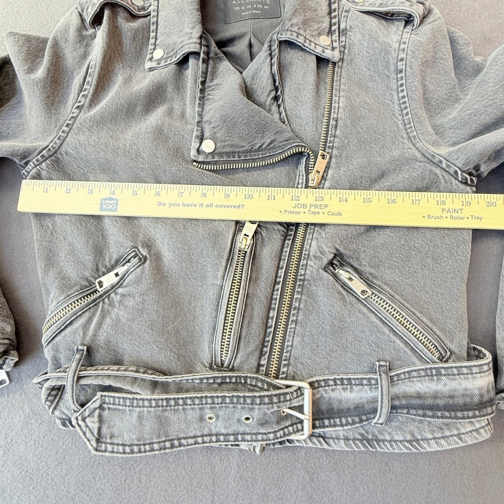 All Saints Denim Moto Jacket Women 8 Faded Black Belted Biker Asymmetrical Zip - Picture 11 of 14